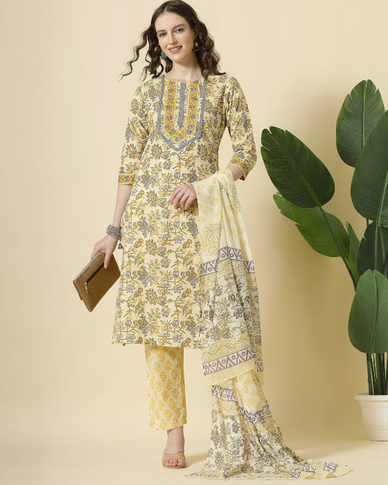 Yellow Cotton Adda Work With Dabu Print 3 Pcs Suit