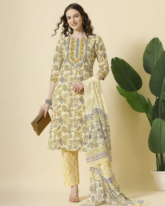 Yellow Cotton Adda Work With Dabu Print 3 Pcs Suit