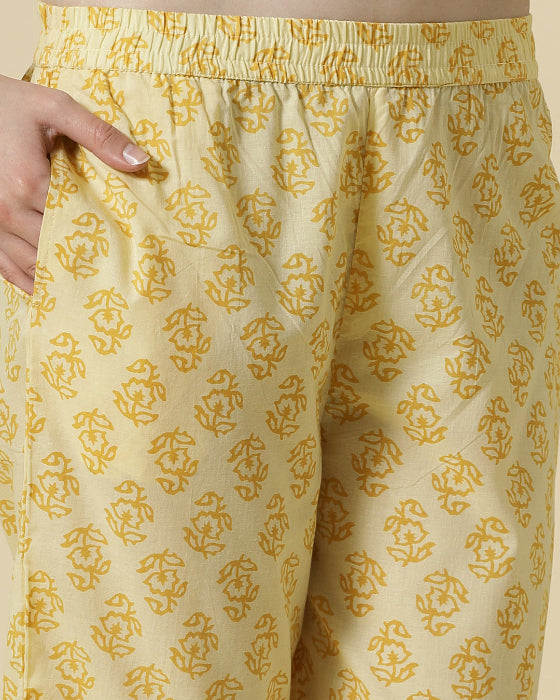 Yellow Cotton Adda Work With Dabu Print 3 Pcs Suit