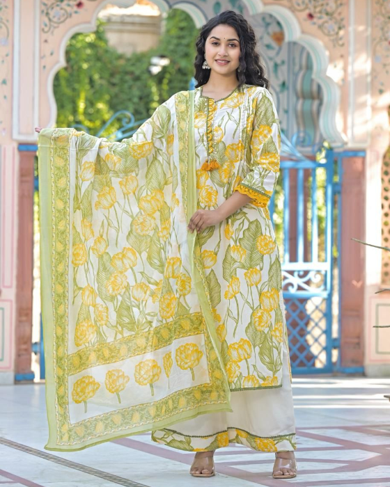 Yellow Floral Print 3 Pcs Suit
