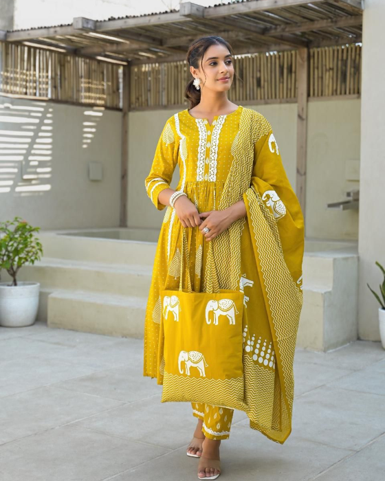 Yellow Screen Print 3 Pcs Cotton Flare Kurti Set With Shopping Bag