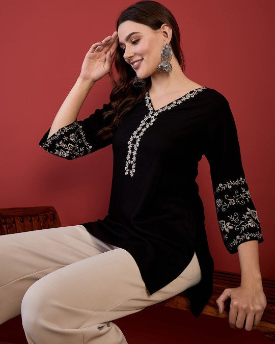 Black V Neck Embroidered Tunic Top