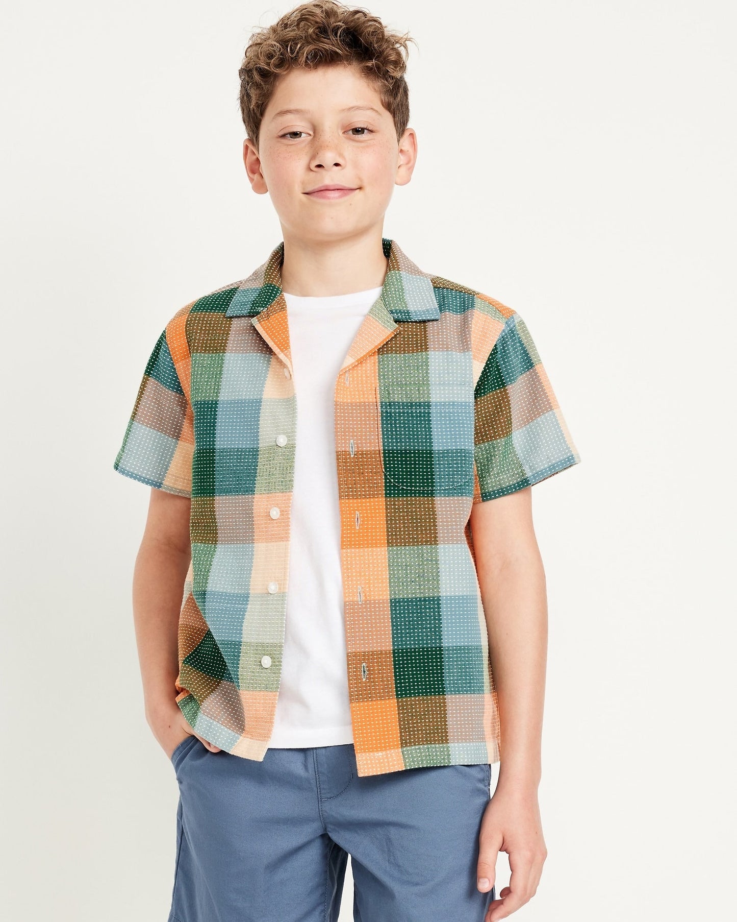 Multi Plaid Short-Sleeve Textured-Dobby Shirt for Boys
