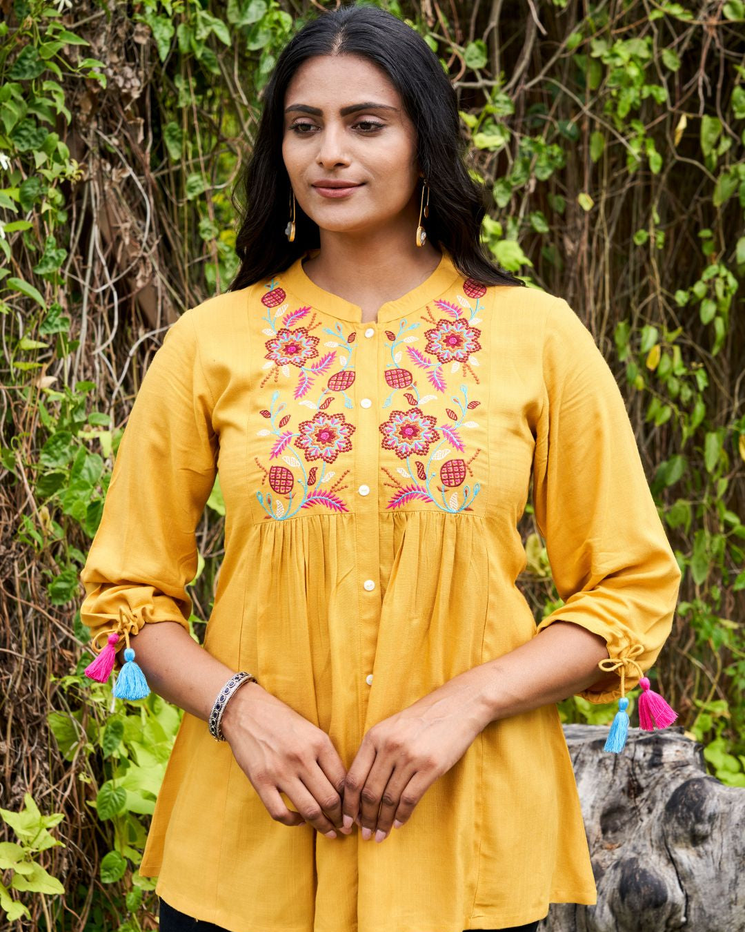 mustard embroidered tunic top for women