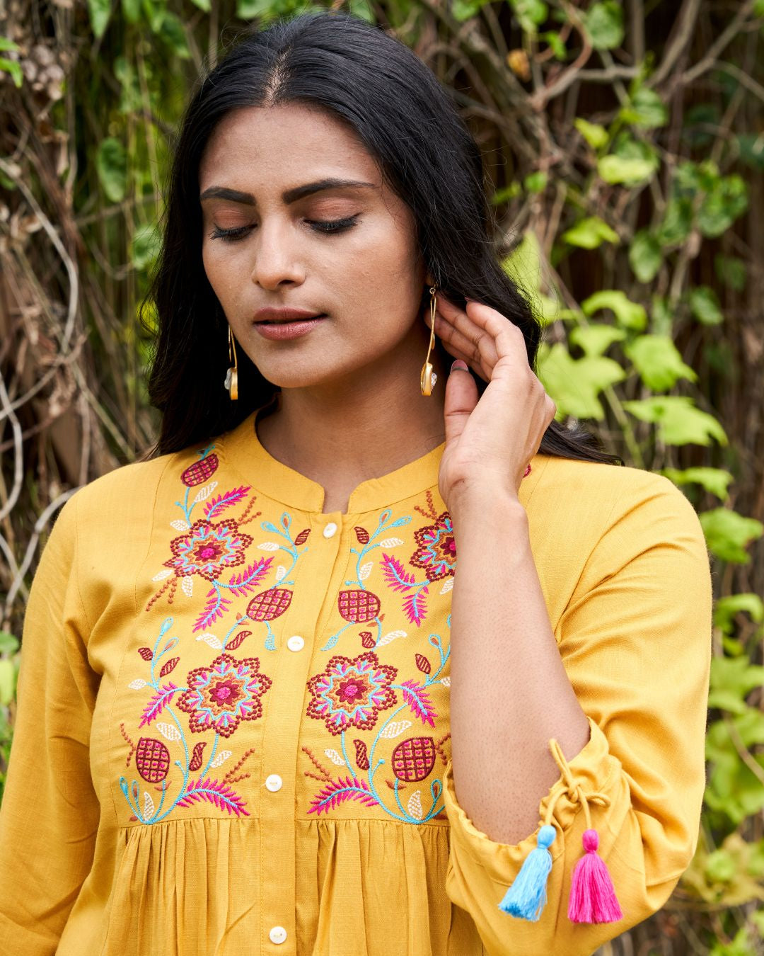 mustard embroidered tunic top for women